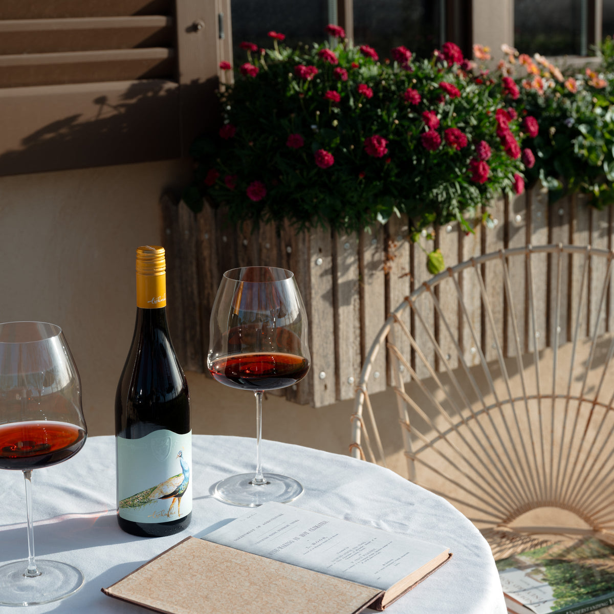 A bottle of Tscharke red and two glasses on a table in afternoon light, Marananga, Barossa Valley