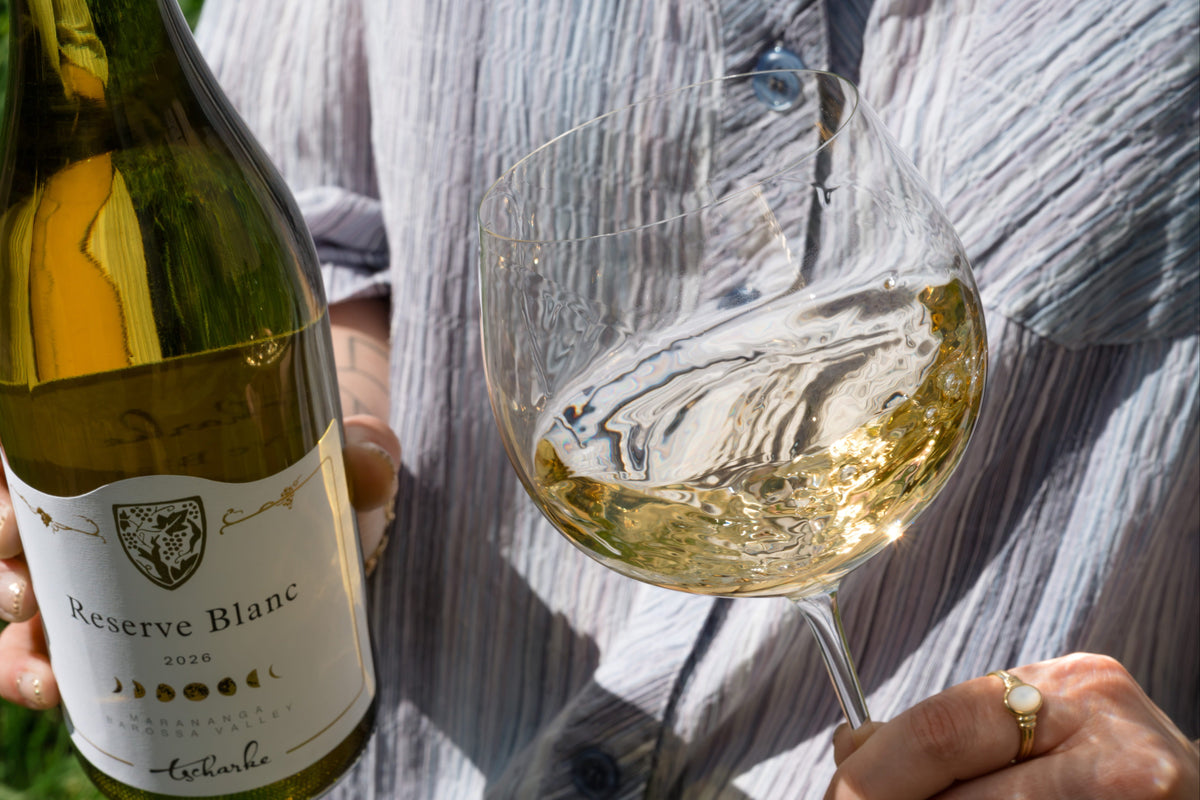 A person outdoors holds a bottle of Montrachet Reserve Blanc white wine next to a filled wine glass. The person is wearing a light blue and white striped button-down shirt, with green grass visible in the background.